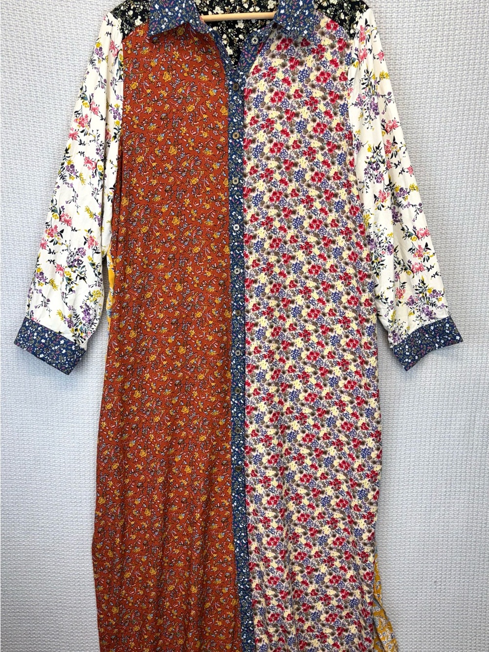 Natural Life Esme Patchwork Dress Maxi ShirtDress Sz L Floral Paisley Boho Artsy